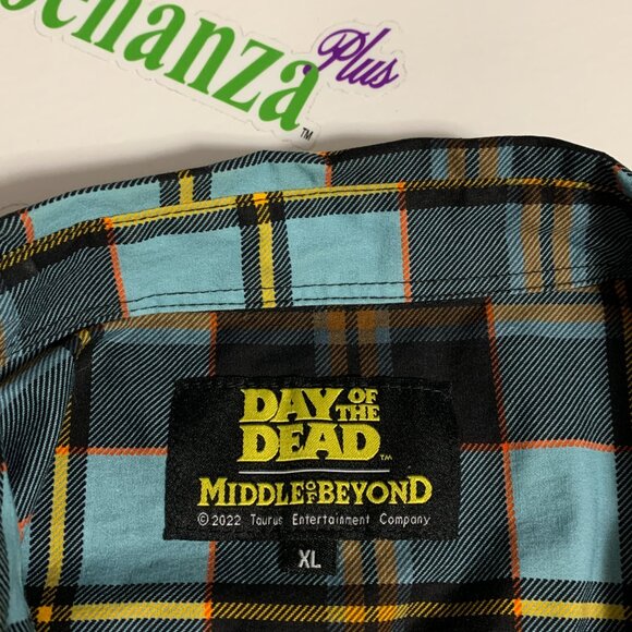 Middle Of Beyond Button Down Shirt Day Of The Dead MOB Plaid Zombie Blue Mens XL - Picture 5 of 5